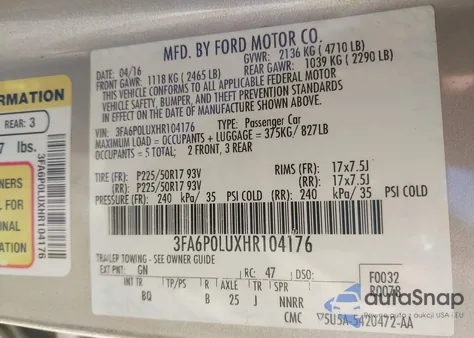 2017 Ford Fusion Hybrid Se z USA, uszkodzony, nr VIN 3FA6P0LUXHR104176
